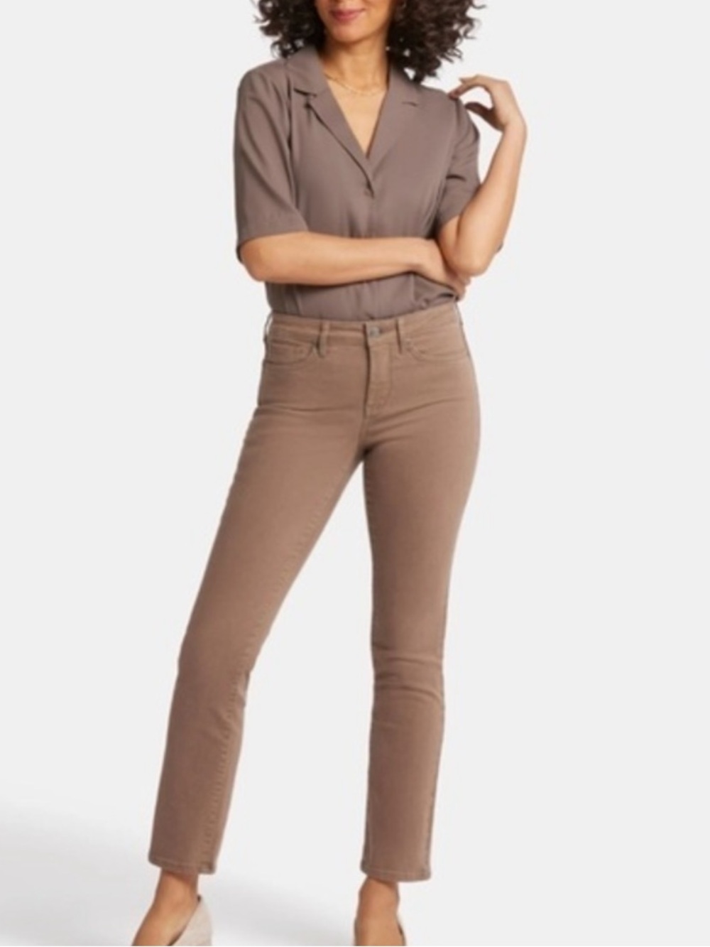 NYDJ Sheri Slim Taupe Brown Straight Leg Stretch Denim Mid Rise SZ 12